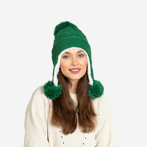 Зелена жіноча утеплена шапка з помпоном