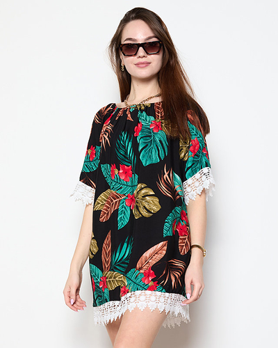 Dámská černá halenka s květinami PLUS VELIKOST - Oblečení