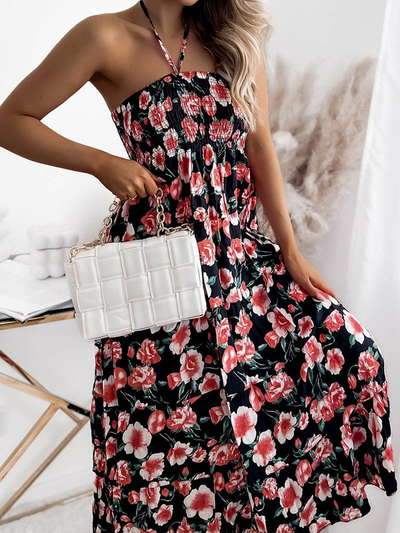 Černé dámské midi šaty s květinovým potiskem - Oblečení