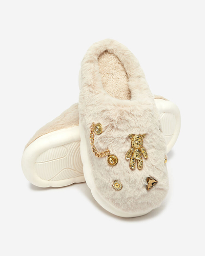 Royalfashion Béžové dámské kožešinové pantofle s ornamenty Erserra