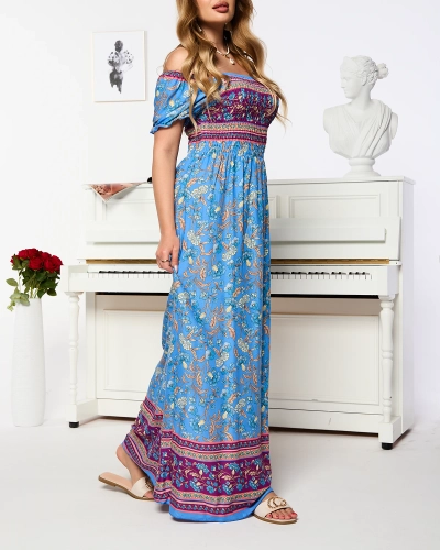 Modré dámské midi šaty s květinovým vzorem - Oblečení