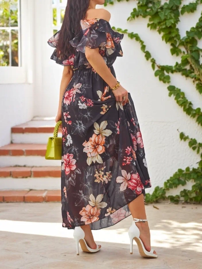 Royalfashion Жіноча сукня з відкритими плечима та коротким рукавом у різних квіткових візерунках