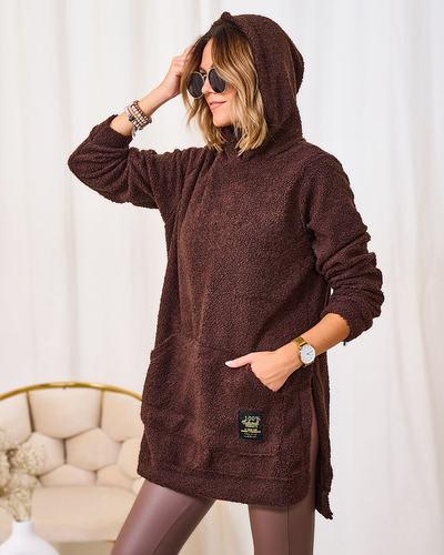 Royalfashion Tmavě hnědý dámský dlouhý svetr s kapucí