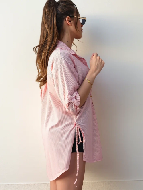 Royalfashion бавовняна подовжена жіноча сорочка в смужку з поясом