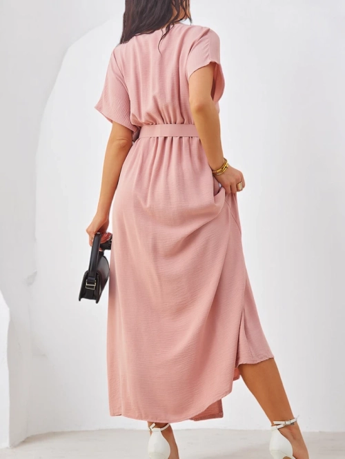 Royalfashion жіноча міді-сукня з короткими рукавами, V-подібним вирізом та розрізом посередині