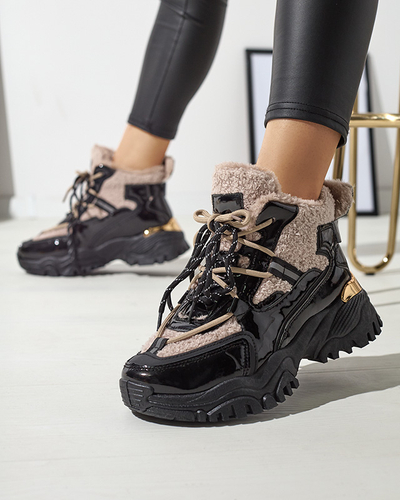 Чорні жіночі спортивні кросівки з хутром та бежевою шнурівкою Adbo- Footwear
