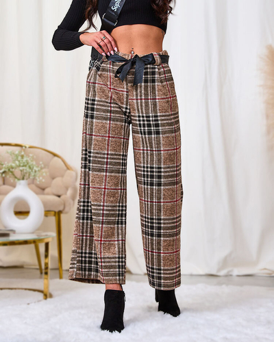 Royalfashion Béžové dámské široké kostkované kalhoty