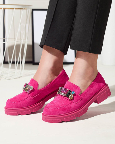 Eko semišové fuchsiové dámské mokasíny s ozdobnými krystaly Alenns- Obuv