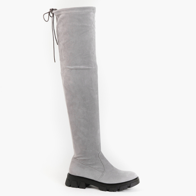Šedé semišové kozačky nad kolena s plochými podpatky Engi- Footwear