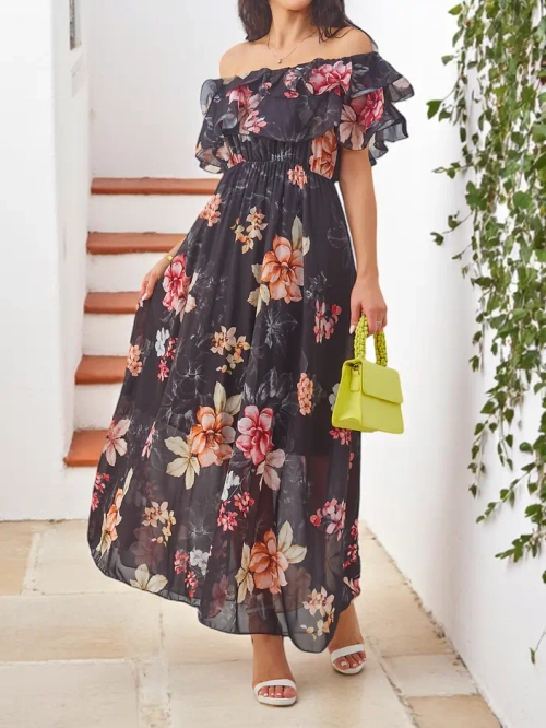 Royalfashion Жіноча сукня з відкритими плечима та коротким рукавом у різних квіткових візерунках