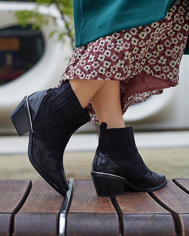 Černé eko semišové kovbojské boty na nízkém sloupku Zirras - Obuv