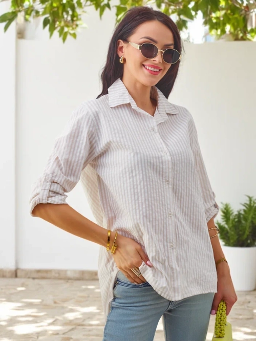 Royalfashion Жіноча бавовняна смугаста сорочка з зав'язкою внизу