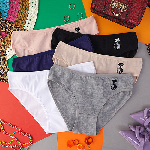 Комплект бавовняних жіночих трусів з вишитим котом - Нижня білизна