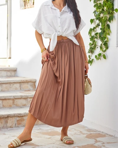 Royalfashion DámskáWoven Midi Letní Sukně Světlá a Plynulá s Dvěma Kapsami