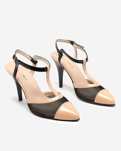 Béžové a černé dámské sandály na vysokém podpatku se zakrytými prsty Niddl- Footwear