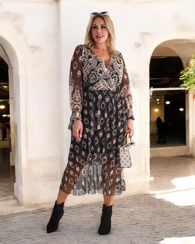 Royalfashion Černo-béžové síťované midi šaty s potiskem