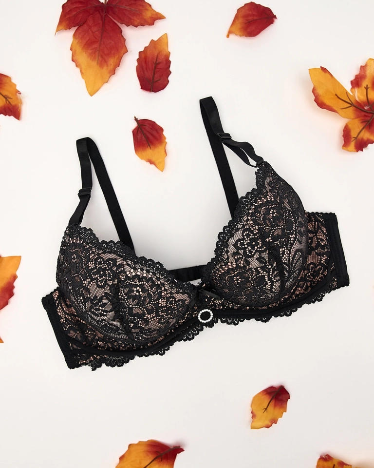 Royalfashion Černo-růžová dámská podprsenka zdobená krajkou