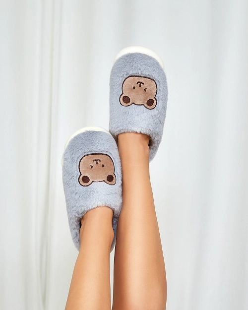 Сині жіночі хутряні капці Royalfashion з ведмедиком Hettres