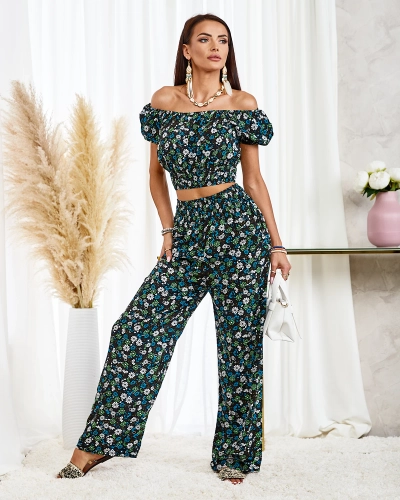 Royalfashion Černý dvoudílný dámský květinový komplet