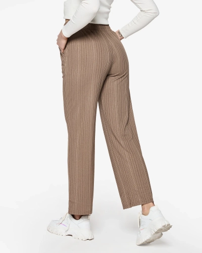 Široké dámské žebrované kalhoty v hnědé barvě- Oblečení