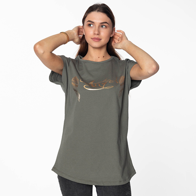 Dámské tričko se zlatým potiskem a khaki nápisem - Oblečení