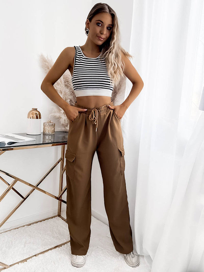 Dámské široké kalhoty a'la cargo ve velbloudí barvě - Oblečení