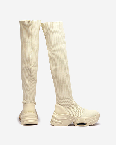 OUTLET Béžové dámské nazouvací kozačky nad kolena Georisa - Obuv