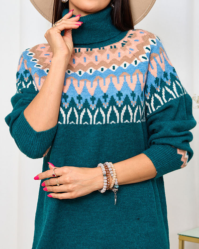 Royalfashion Темно-зелена жіноча сукня-светр з водолазкою та принтом