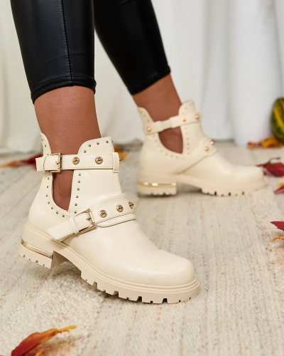 Royalfashion Cream dámské zdobené kozačky Jewel Walk na plochém podpatku
