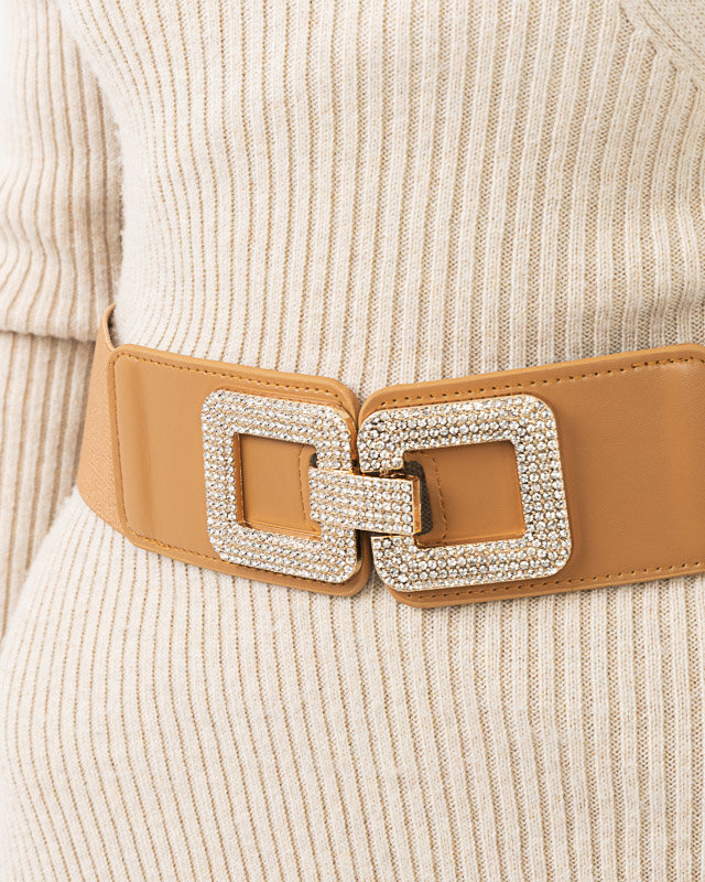 Elastický pásek velbloudí barvy se zlatou sponou se zirkony - Doplňky