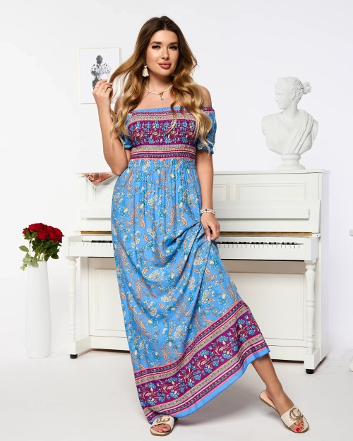 Синя жіноча сукня міді з квітковим візерунком - Одяг