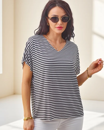 Royalfashion Dámská viskózová pruhovaná blůza s krátkým rukávem a lesklým povrchem