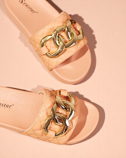 Жіночі коралові стьобані босоніжки із золотим ланцюжком Eteris - Взуття