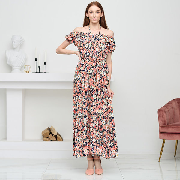 Довге темно-синє жіноче плаття з кораловими квітами - Одяг