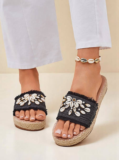 Жіночі сандалі Royalfashion Helena Decor чорні еспадрильї з мушлями