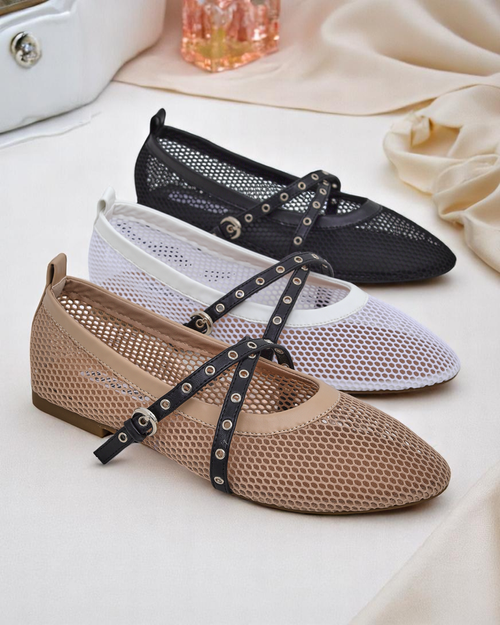 Балетки Royalfashion Calista Bianca – сітчасті білі жіночі туфлі з чорними ремінцями