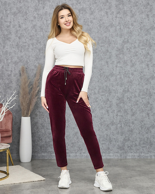 Жіночі велюрові спортивні костюми бордового кольору PLUS SIZE- Одяг