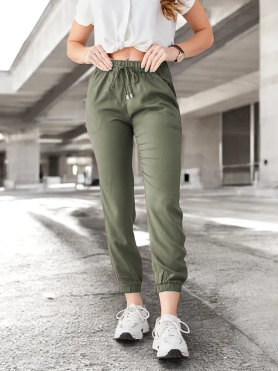 Kalhoty Raffaello Khaki Dlouhé Z Tkaniny Lyocell
