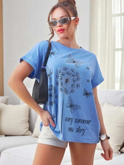 Royalfashion Жіноча бавовняна футболка з кульбабами та метеликом