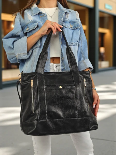 Dámská kabelka z eko-kůže Nerina – černá shopperka italského stylu na zip