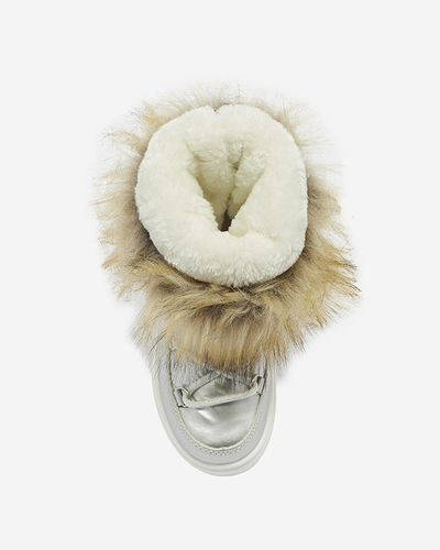 Stříbrné dětské nazouvací boty a'la snow boots s kožíškem Asika - Obuv
