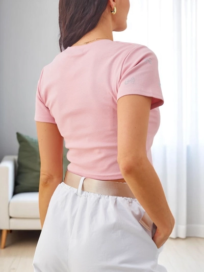 Royalfashion Dámské bavlněné crop top s kamínky ve tvaru mašle