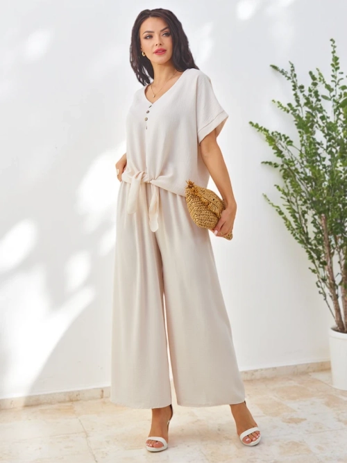 Royalfashion жіночий повсякденний комплект з блузою з коротким рукавом та широкими штанами