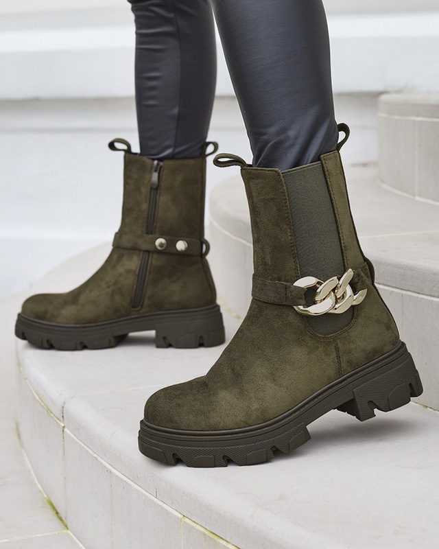 Dámské tmavě zelené kozačky z ekokůže s řetízkem Mefrika- Obuv