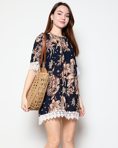 Dámská tmavě modrá halenka s květy PLUS VELIKOST - Oblečení