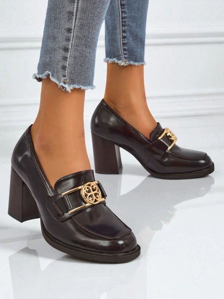 Loafers dámské Persephone Nero na podpatku ekologická kůže zlatá spona