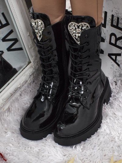 Лаковані шнуровані жіночі ботфорти Emelune