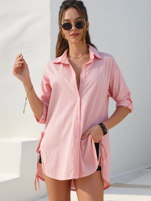 Royalfashion бавовняна подовжена жіноча сорочка в смужку з поясом