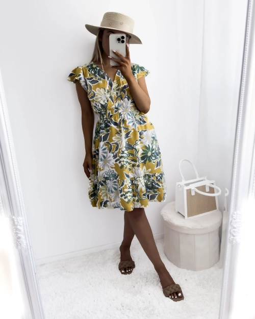 Гірчична жіноча міні-сукня з квітковим принтом - Одяг