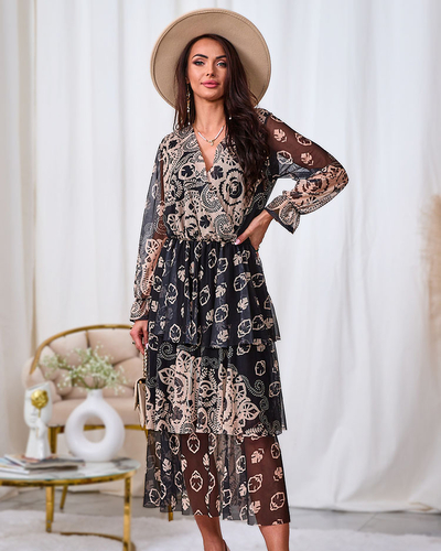 Royalfashion Černo-béžové síťované midi šaty s potiskem